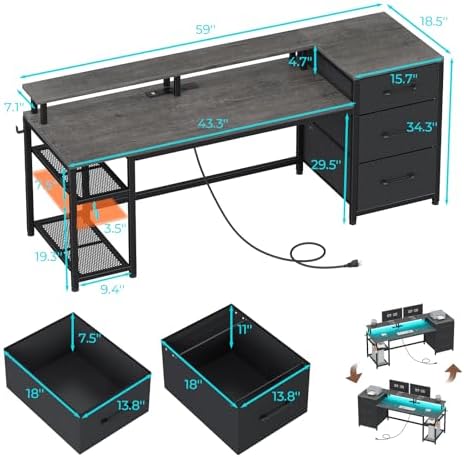 SEDETA 59" Office Desk with File Drawers, Reversible Computer Gaming Desk with Storage, LED Lights & Power Outlet, Home Office Desks for Printer, Grey - Image 2