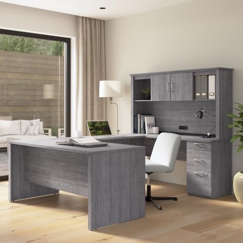 Bestar U or L Shaped Desk with Hutch and Drawers, Bark Grey, Logan, 66W - Image 2
