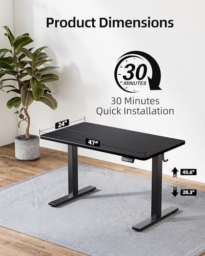 TIQLAB Standing Desk 47 x 24 inch, Electric Height Adjustable Desk with Splice Board, Stand Up Desk, Sit Stand Computer Desk for Home Office, Black Frame/Black Top - Image 3