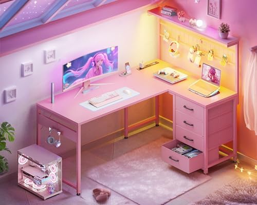 MOTPK 43" L Shaped Gaming Desk with Shelf & 4 Drawers, Carbon Fiber Pink - Image 2