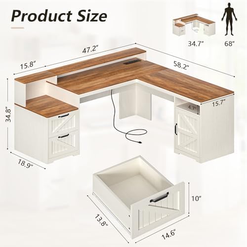 63" Farmhouse L Shaped Desk with Drawers & Printer Shelf for Home Office - Image 2