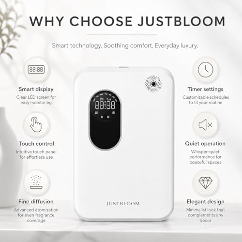 JUSTBLOOM Wall-Mounted Waterless Scent Diffuser, Smart Aroma Diffuser with LED Display, Touch Control, Timer Settings, Quiet Operation for Home, Office & Commercial Spaces, White - Image 4