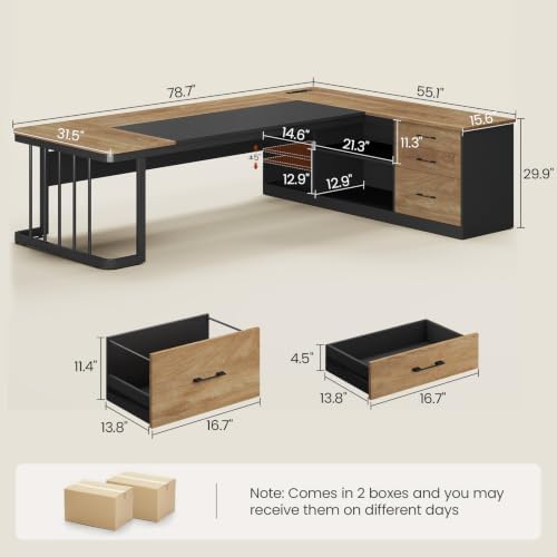 UPOSOJA 78.7" Executive Desk, Large Office Desk with Drawers & Storage Shelves, Modern L Shaped Computer Desk Corner Desk with Power Outlets, File Cabinet, Business Furniture Desk Workstation (Oak) - Image 2