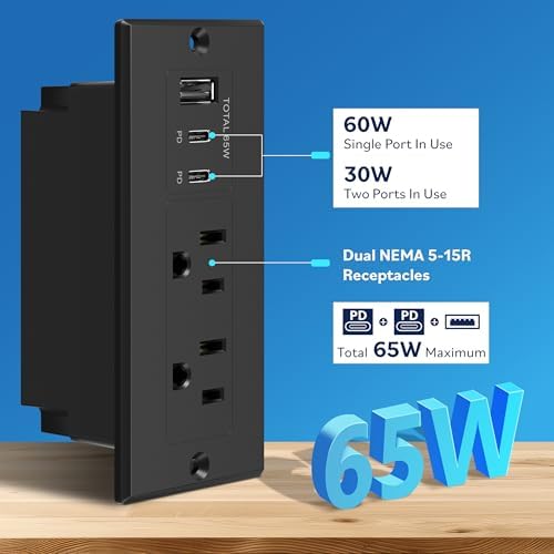 LIDER Rectangle Desktop Power Grommet with USB-C PD60W & USB-A, Matte Black - Image 2