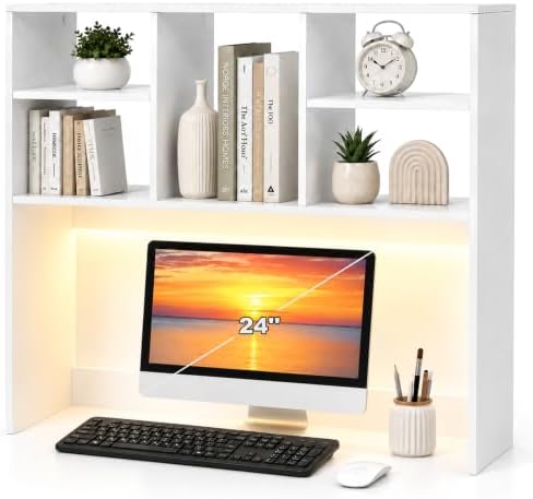 Desktop Bookshelf Organizer for College Dorm, Desk Hutch with LED Light Strip, White by Unknown