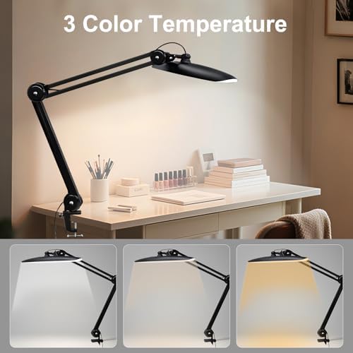 20" LED Desk Lamp with Clamp, 24W CCT Adjustable Dimmable Nail Light for Desk, 120 LEDs Metal Swivel Arm Daylight for for Nail Tech Task Home Office Reading Architect Craft, Black - Image 3