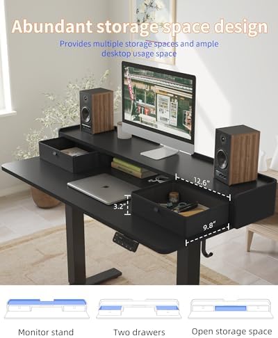 YIHAYO Electric Standing Desk with Drawers, 48 x 24 Inches Adjustable Desk with Storage Shelf, Stand Up Desk with Splice Board, Computer Table for Home Office, Black Frame/Black Top - Image 7