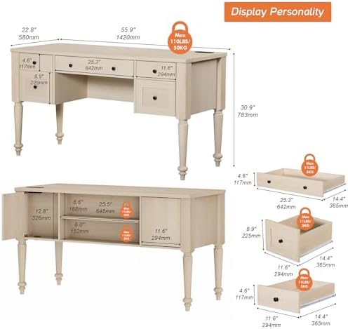 WAMPAT Wood Executive Desk with 5 Drawers & Charging Station, Beige, 56" - Image 2