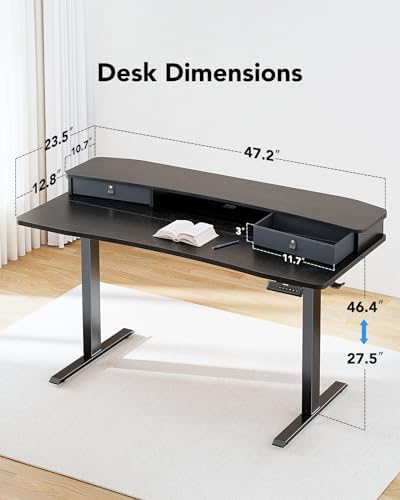 HUANUO 48″ x 24″ Electric Standing Desk with 2 Drawers, C-Clamp Mount Compatible, Height Adjustable Computer Desk, Home Office Stand Up Desk with 4 Preset Heights & 2 Hooks, Black - Image 2