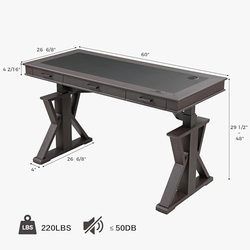 EUREKA ERGONOMIC Leather Standing Desk, 60 inch Executive Desk with Drawers,Modern Oak Grain X-Shaped Leg Sit Stand Desk, Charge Power Outlet Luxury Home Office Computer Desk - Image 2