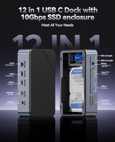 ORICO 12-in-1 USB C Hub with M.2 + SATA 2.5”/3.5” SSD/HDD Enclosure, USB C to HDMI Adapter 4K@60Hz,10Gbps USB A/USB C Data Ports, USB C Docking Station for Windows/mac OS D35M2 - Image 2