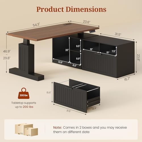Farmhouse L Shaped Standing Desk with Lateral File Cabinet, 55.1" X 54.3" Electric Executive Desk Adjustable Height with Power Outlets, Shelves, Sit Stand Corner Computer Desk for Home Office, Black - Image 2