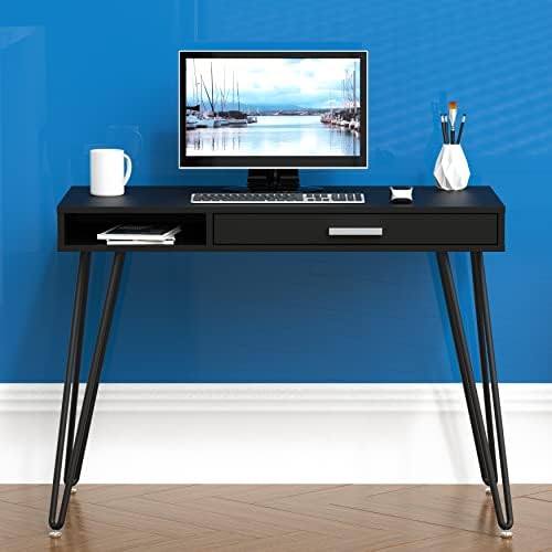SHW Home Office Computer Hairpin Leg Desk with Drawer, Black - Image 2
