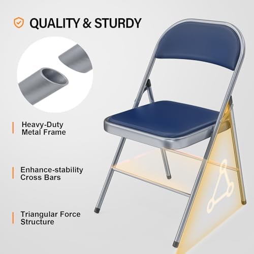 VINGLI 1 Pack Folding Chairs with Padded Seats, Metal Frame with Pu Leather Seat & Back, Capacity 350 lbs, Set of 1, Blue - Image 4