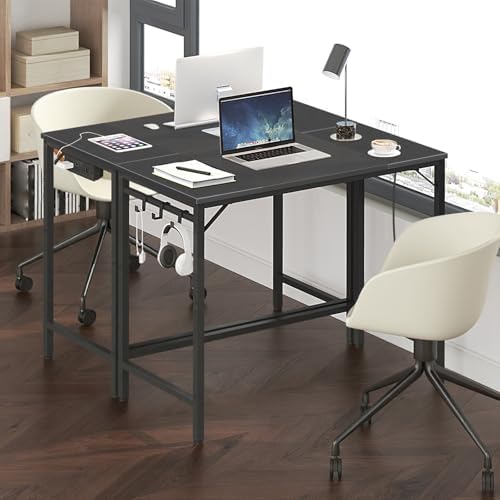 HOOBRO Computer Desk, 31.5 Inch Small Desk with Power Outlet, Writing Table with USB Charging Ports and 3 Hooks for Home Office, Study Room, Bedroom, Easy to Assemble, Black BB40UDN01 - Image 4