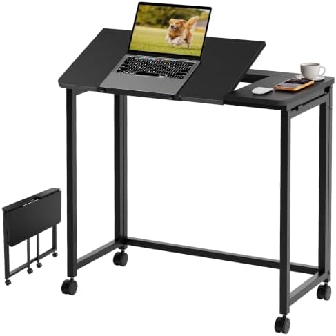 GreenForest Small Folding Desk with Wheels, 31.5 inch Tiltable Tabletop by GreenForest
