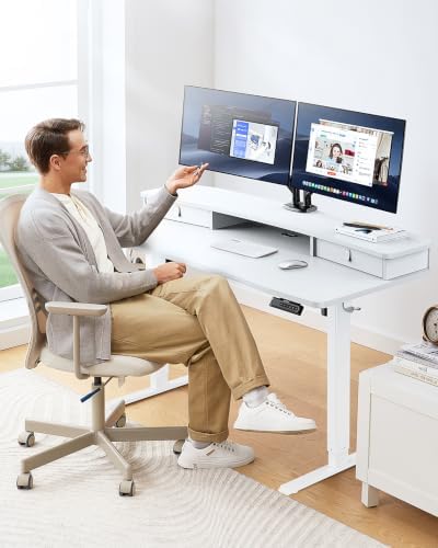 HUANUO 55″ x 26″ Electric Standing Desk with 2 Drawers, C-Clamp Mount Compatible, Height Adjustable Computer Desk, Home Office Stand Up Desk with 4 Preset Heights & 2 Hooks, White - Image 2