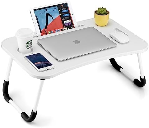FISYOD Foldable Laptop Table, Portable Lap Desk Bed Table Tray, Laptop Stand with Cup Holder & Tablet Slot & Lifting Handle for Working Writing Drawing & Eating (White) by FISYOD