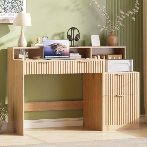 Vabches Fluted Computer Desk with Power Outlets, Home Office Desk with Drawers, Printer Stand, Wood Computer Desk with Long Monitor Stand, Oak by Vabches