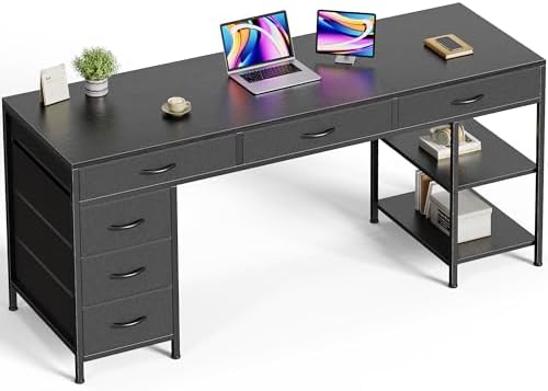 Huuger Computer Desk with 6 Drawers, Office Desk with Shelves, Reversible Gaming Desk, Corner Desk with Storage, Work for Home Office, Study, Living Room, 63inch, Black by Huuger