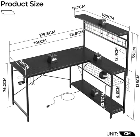 Bestier 51" L Gaming Desk with Power Outlets LED Lights, Carbon Fiber Black - Image 3