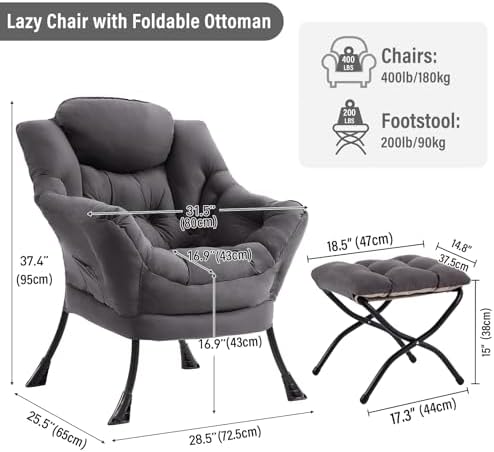 Furlide Lazy Chair with Ottoman, Modern Chair with Folding Footrest, Dark Grey Accent Chair, Comfortable Reading Chair, Oversized Armchairs for Bedroom, Study, Living Room, Courtyard - Image 2