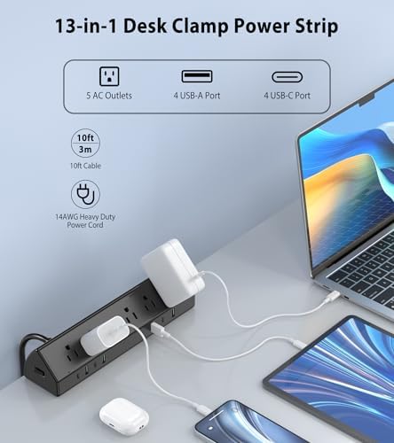 Jgstkcity Desk Clamp Power Strip USB C 45W,8 USB,10FT Cable,Black - Image 2