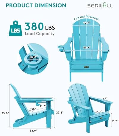 SERWALL Folding Adirondack Chairs Set of 4 with Cup Holders - Aruba Blue - Image 3