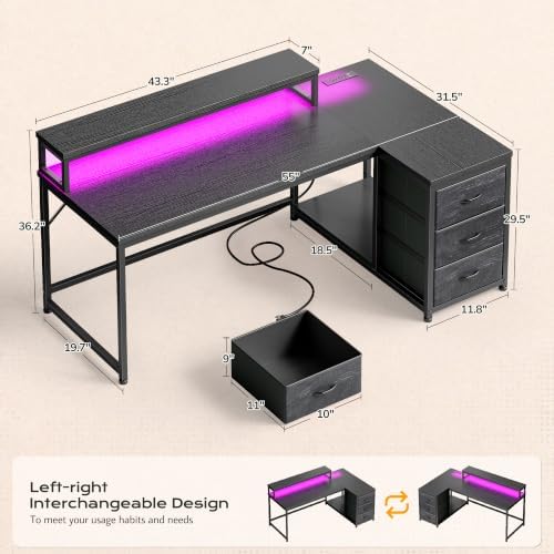 EnHomee 55" L Shaped Gaming Desk with 3 Storage Drawers & LED for Bedroom - Image 3