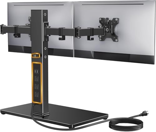 Perlegear Dual Monitor Stand with Power Strip, Freestanding Computer Monitor Stand for 2 Screens up to 32 Inch, Monitor Stand Riser with Glass Base and Adjustable Arms, Holds 22 lbs per Arm, PGTVS41B by Perlegear
