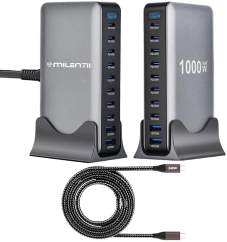 1000W GaN USB C Charging Station with 10 Port Desktop Charger, 8 USB-C & 2 USB-A, 140W PD Fast Charger Block 6.6 ft Data Cable, Multi Port Charging Station for iPhone Android Tablet Laptop by Milentii