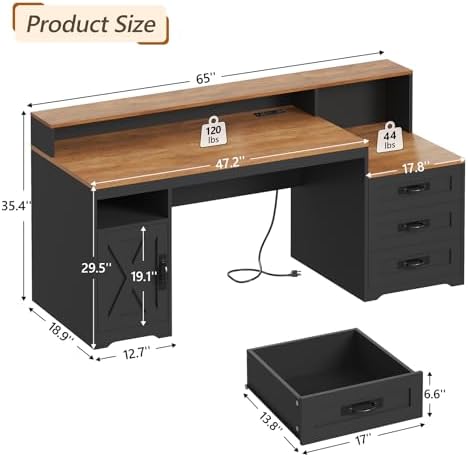 65" Farmhouse Computer Desk with Drawers and Printer Stand for Home Office - Image 2