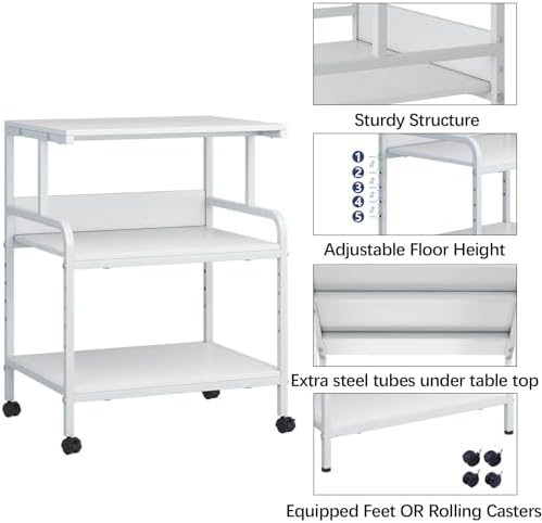 Arbuxzuy Large Printer Stand with Storage Shelf, 23.6" W x 18.9" D Printer Cart with Wheels, 3 Tier Mobile Printer Table for Home Office,Stands for Heat Press Scanner Fax (White) - Image 3