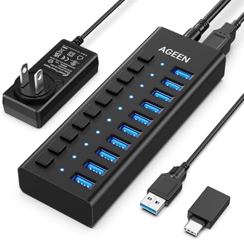 AGEEN 10-Port Powered USB 3.2 Hub, 10Gbps Data Transfer, 48W Power Adapter by AGEEN