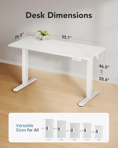 HUANUO Electric Standing Desk, Whole Piece Desktop, Adjustable Height Computer Desk, 4 Height Memory Settings, Sit Stand Up Desk for Home Office, 55" x 27", White - Image 3