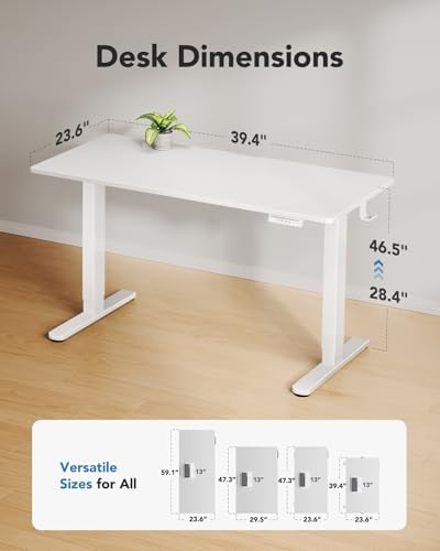HUANUO Electric Standing Desk, Whole Piece Desktop, Adjustable Height Computer Desk, 4 Height Memory Settings, Sit Stand Up Desk for Home Office, 40" x 24", White - Image 3