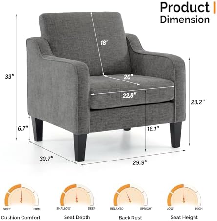 VINGLI Light Grey Accent Chair, Chenille Fabric Armchair for Living Room - Image 3