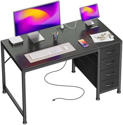 PRAISUN 39.4 Inch Computer Office Desk with Power Outelts and USB-C Port, Reversible Gaming Desk with 4 Fabric Drawers, Work Study Desk Work from Home, Black by PRAISUN