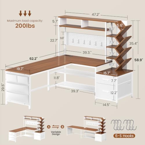 SEDETA L Shaped Office Desk with Drawers and Hutch, Convertible 97.6" Two Person Computer Desk, Corner Gaming Desk with Storage Shelves, LED Light and Power Outlet, White and Brown - Image 2