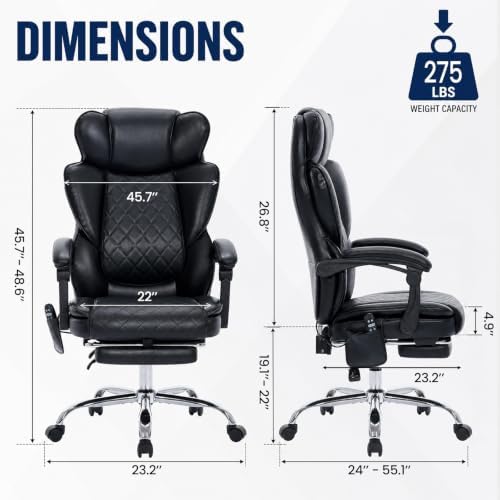 Executive Office Chair, 22.05" Wide Leather Ergonomic Office Chair with Lumbar Support, Footrest and 6-Point Vibration Massage, Reclines 94°-125° for Home Office Room, Black - Image 3