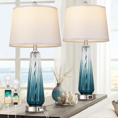 Table Lamps Set of 2 with Touch Control, Modern Glass Bedside Lamps with USB A+C Ports, 3-Way Dimmable Nightstand Lamp with White Fabric Shade, 27.5" Large Lamps for Living Room Bedrooms Decorations by Qimh