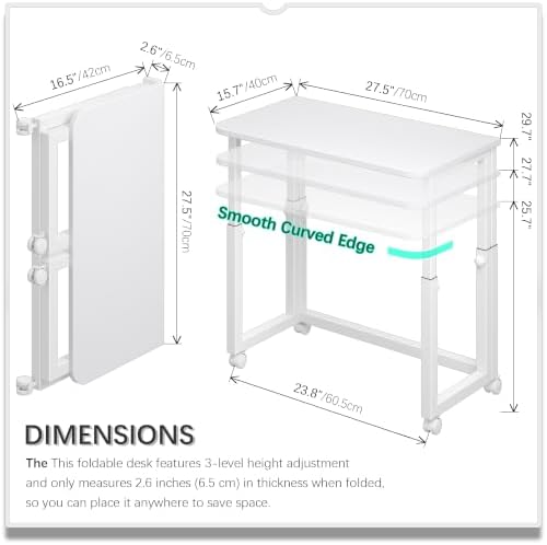 4NM No Tool Assembly 27.5" Small Desk, Folding Portable Desk with Wheels, Adjustable Height Foldable Computer Home Office Desks, Collapsible Study Writing Table for Space Saving Bedroom - All White - Image 5