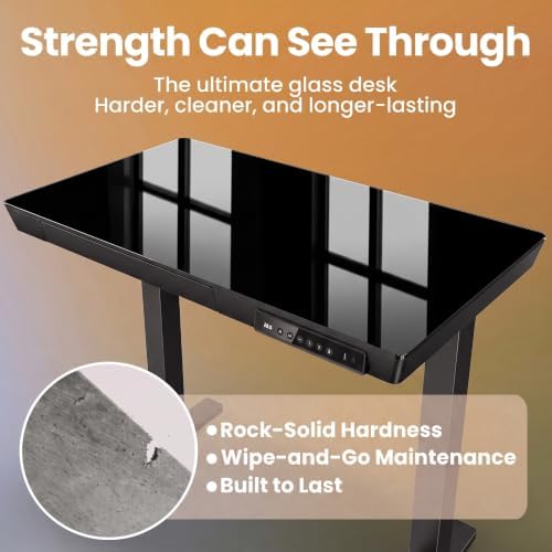 HUANUO Glass Standing Desk with Drawers, 48 X 24 Inch Electric Adjustable Height Desk, Quick Install One-Piece Tabletop with USB Charging Ports, Black - Image 7