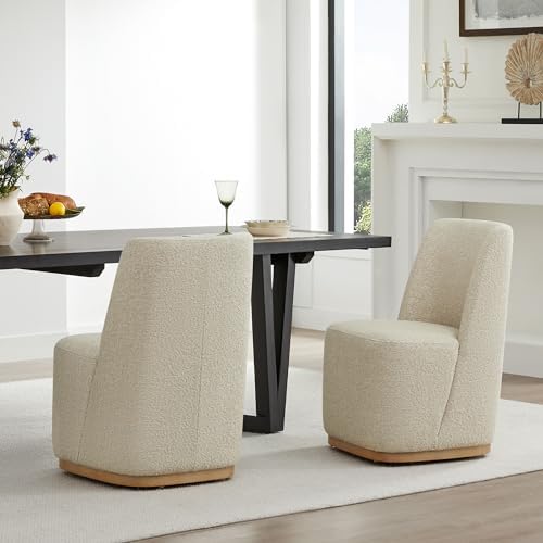 CHITA Upholstered Rolling Dining Chair on Casters Set of 2, Oatmeal by Unknown