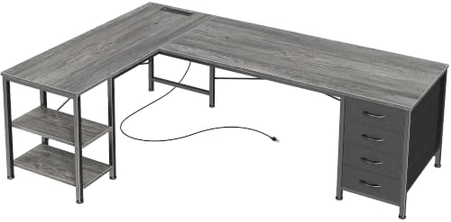 Huuger 55 Inch L Shaped Desk with Fabric Drawers, Reversible Computer Gaming Desk with Power Outlets and USB-C Port, Adjustable Side Storage Shelves, for Work Study Corner Home Office, Grey,1CD078H by Huuger