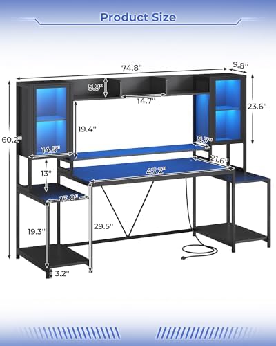 SEDETA Gaming Desk 75'' with LED Lights, Hutch and Storage Shelves, Black - Image 2