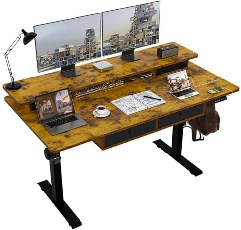 Electric Standing Desk, 63 * 30 Inches Adjustable Height with 4 Drawers, Double Storage Shelves Stand Up Desk, Home Office Workstation Sit Stand up Desk (Rustic Brown) by ExaDesk