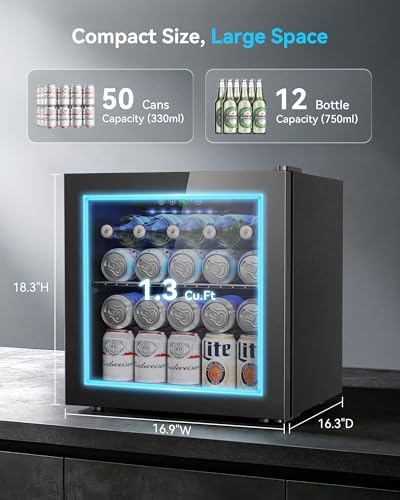 Feelfunn 50 Can Beverage Refrigerator, 1.3CuFt Mini Fridge with Glass Door - Image 2