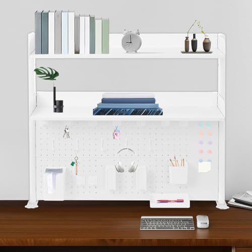 Clamp on Desk Shelf with Pegboard, Desk Extender Pegboard Workstation, Desktop Bookshelf Storage Shelves for Home Office Dorm, 37.4in (White) - Image 2