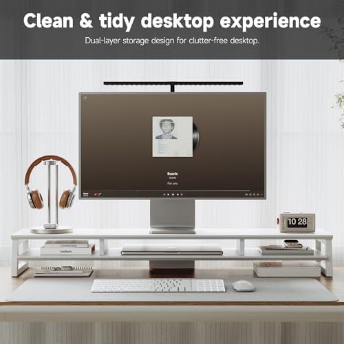 Dual Monitor Stand Riser for Desk, 41.7 Inch Large 2 Tier Computer Monitor Stand for 2 Monitors, Desktop Storage Organizer Shelf with Keyboard Space for Laptop PC Printer White - Image 3